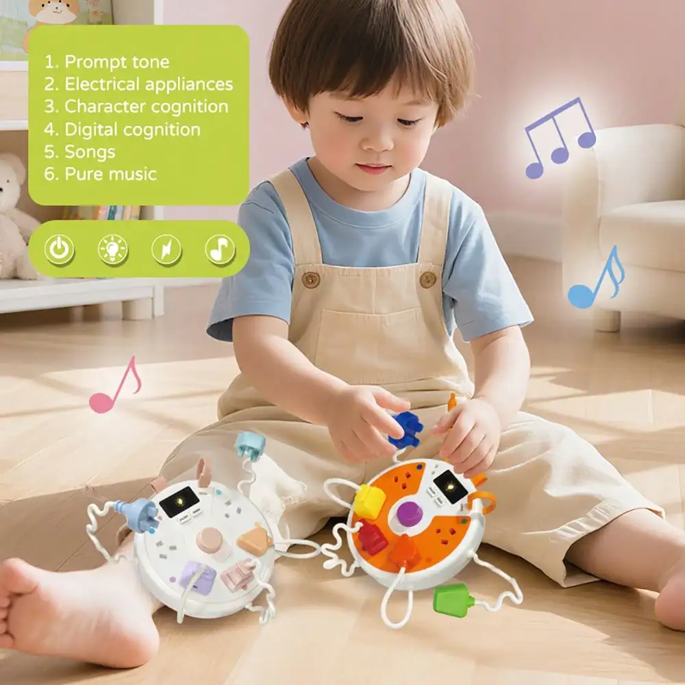 Montessori Busy Disk Simulated Socket Plug Pull String Toy Light Sound Sensory Fine Motor Educational Toy
