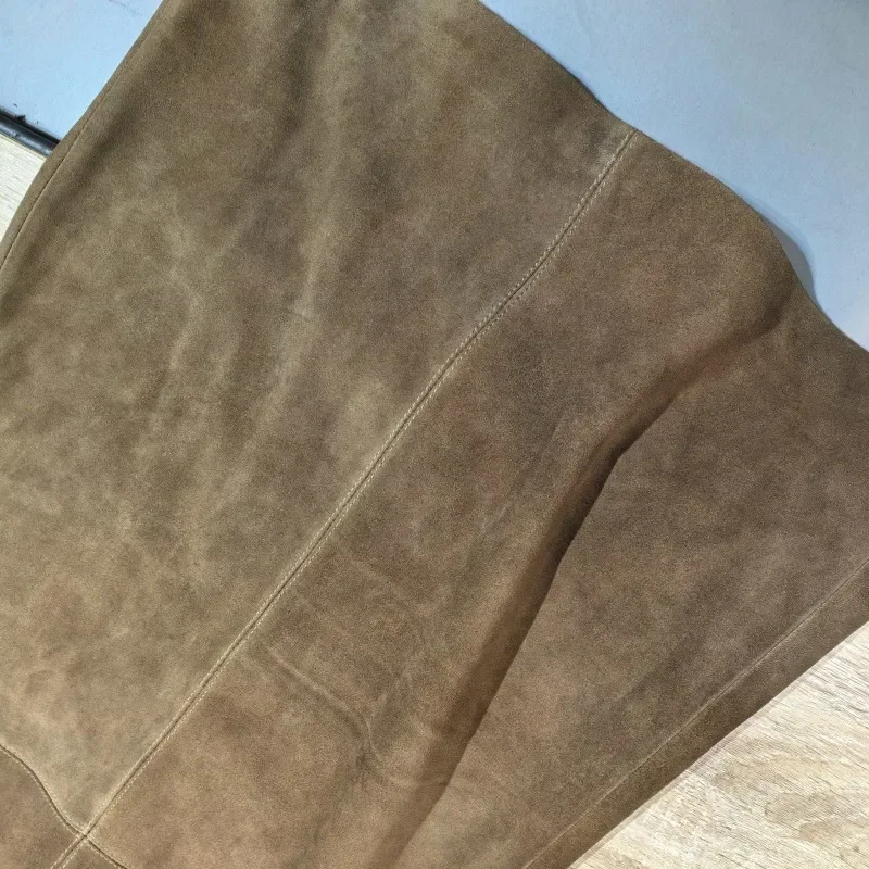 Retro Ladies Solid Color Genuine Leather Suede Long Skirts 88cm High Waist Belt Sheepskin Handmade Knee Length Skirt Vintage