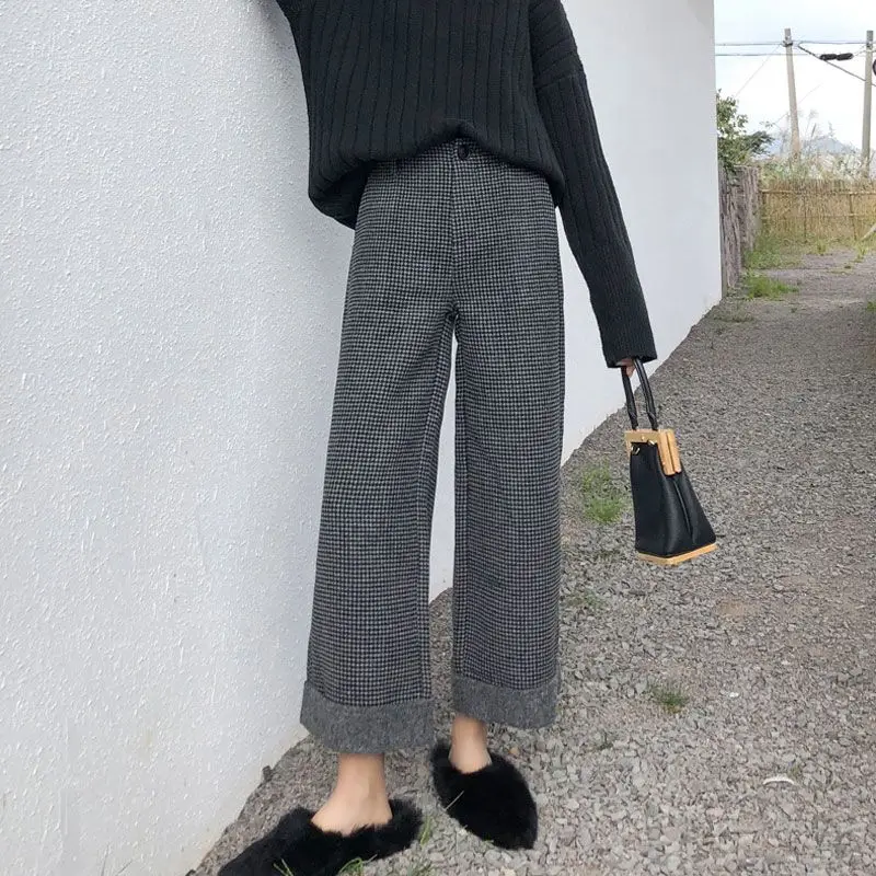 السراويل الصوفية الراقية واسعة الساق المرأة الربيع والخريف الرجعية عالية الخصر فضفاضة مستقيم الساق السراويل ، السراويل رقيقة تسع نقاط #4