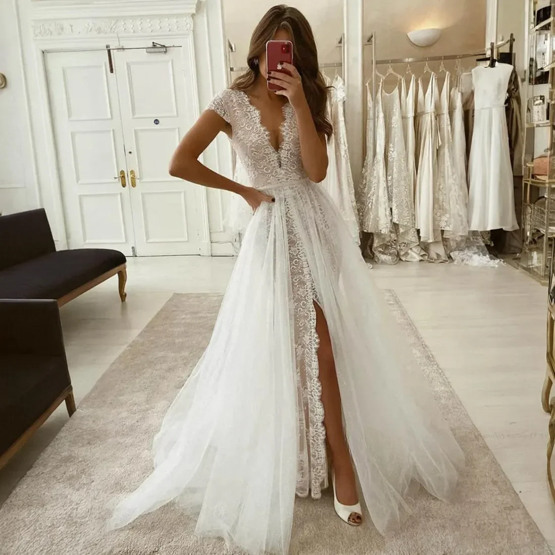 

Customized Beach Lace A Line Wedding Dresses Deep V Neck Short Sleeves Gorgeous Fulllace Bridal Dress Tiered Tulle Marriage