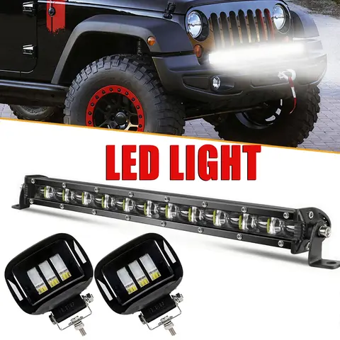 Single Row 6D LED Light Bar 20 Inch Ultra-Slim Driving Light And 2PCS 5 Inch Square Black Work Light 6000K White Light 12V 24V For Offroad 4x4 UTV SUV