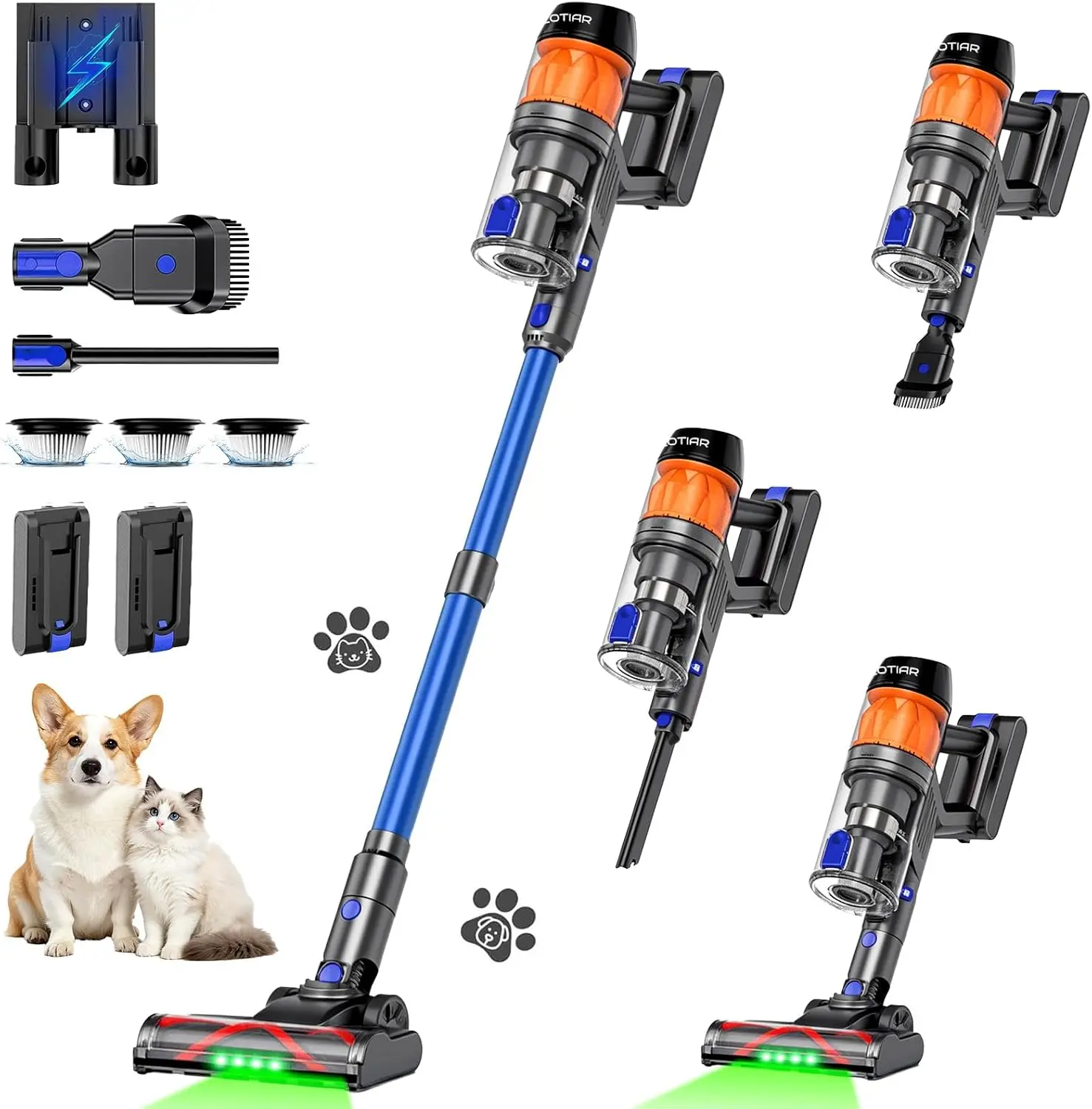 Home Cordless Stick Vacuum Cleaner, 500W 40KPa Rechargeable Lightweight Vacuum with 2 Batteries, 120 Mins Runtime, Anti-Tangle Brush, Green Light, for Pet Hair, Carpet & Hardwood Floors, Blue