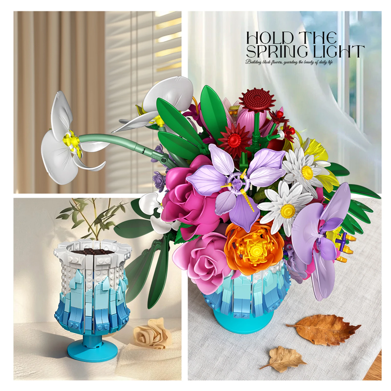 956 قطعة باقة زهور النباتات الأوروبية مع زهرية اللبنات محاكاة الزهور ديكور المنزل لعبة الفتيات هدية الورد الرومانسي