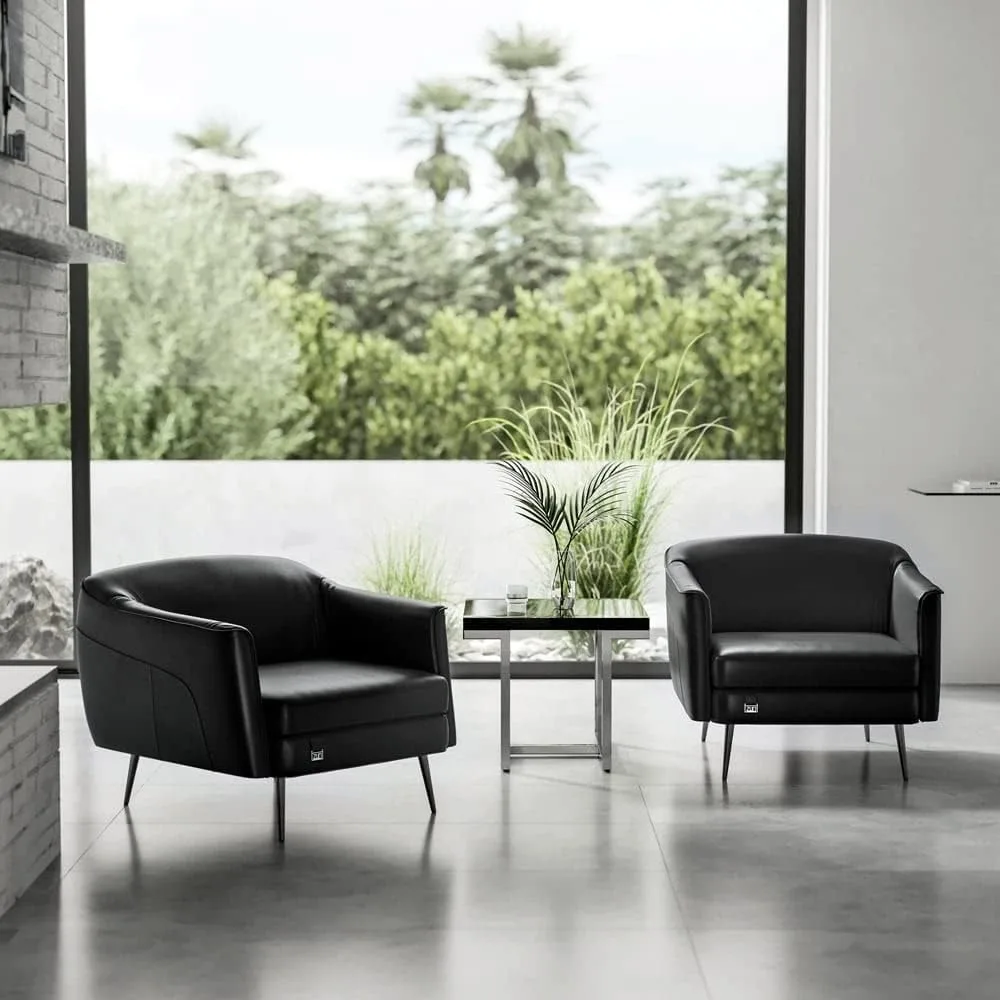 Freizeitstuhl mit schwarzen Stahlbeinen und Oberschicht aus Rindsleder – Schwarz