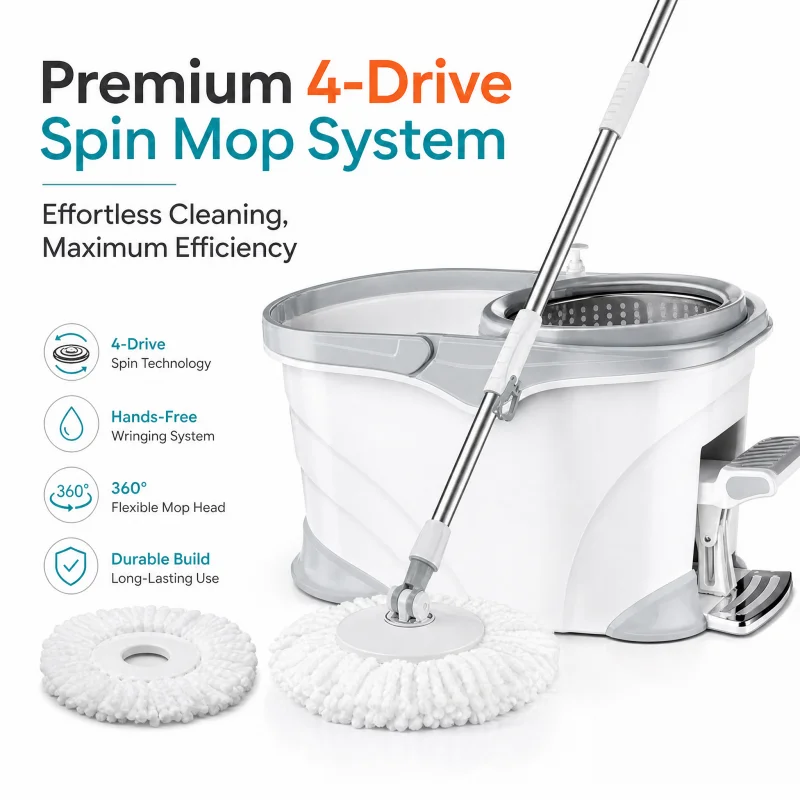 4-Drive Rotary Mop with Foot Pedal Household Cleaning Tool Featuring Telescopic Rod Stainless Steel Mop Bucket Set - New Design
