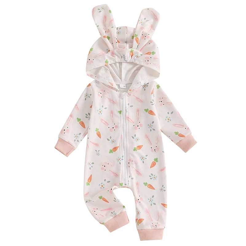 

Baby Girls Rompers Easter Clothes Rabbit Carrot Print Hooed Long Sleeve Zipper-Up Fall Bodysuits