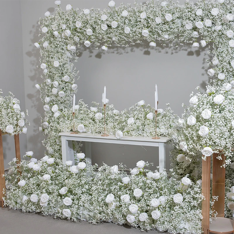 Custom Baby Breath Rose Flower Row Wedding Backdrop Arch Arrangement Party Table Centerpieces Ball Event Table Flower Runner