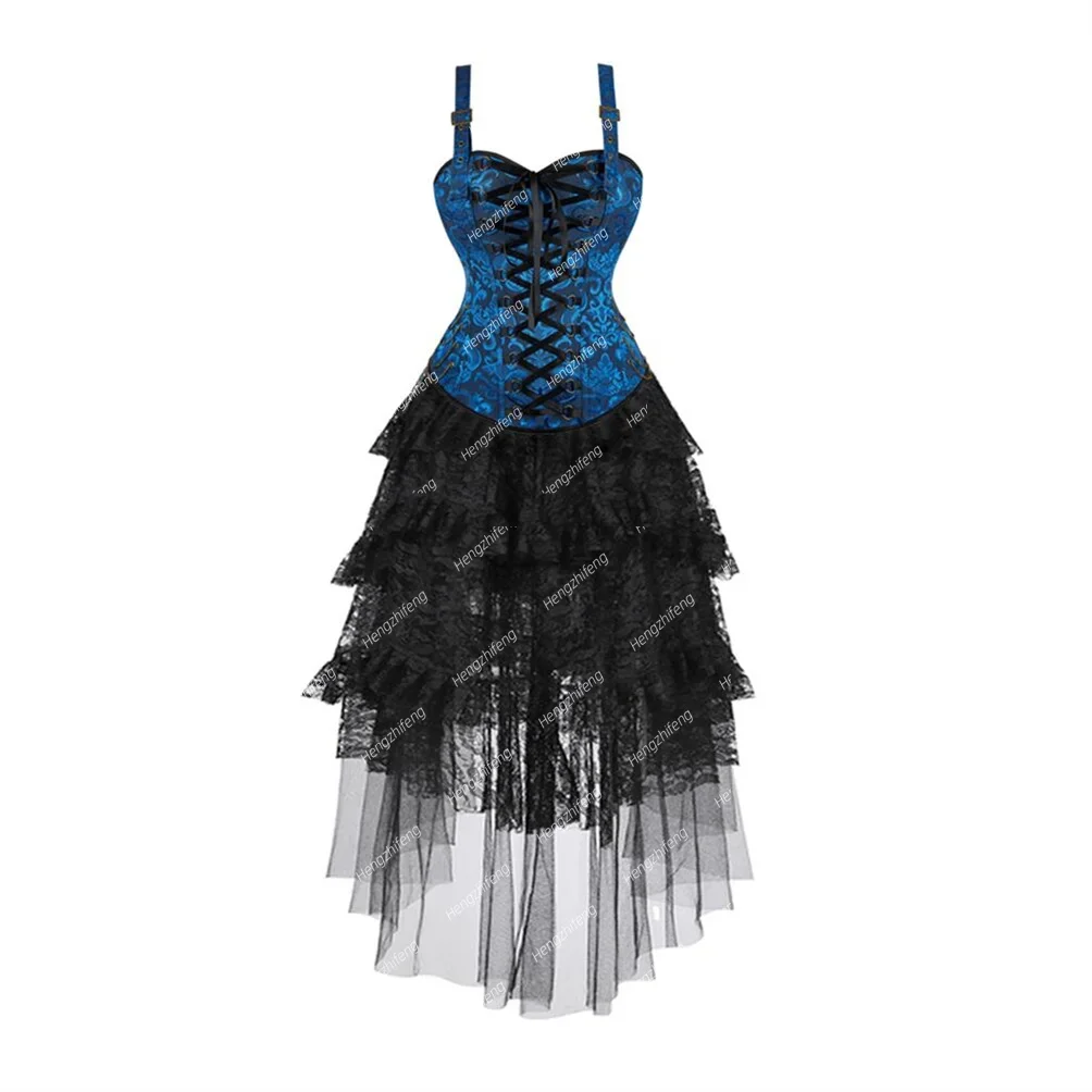 Steampunk Corset & Layered Tulle Skirt Set Floral Lace Bustier Gothic with Adjustable Straps Tutu for Halloween Cosplay Costume
