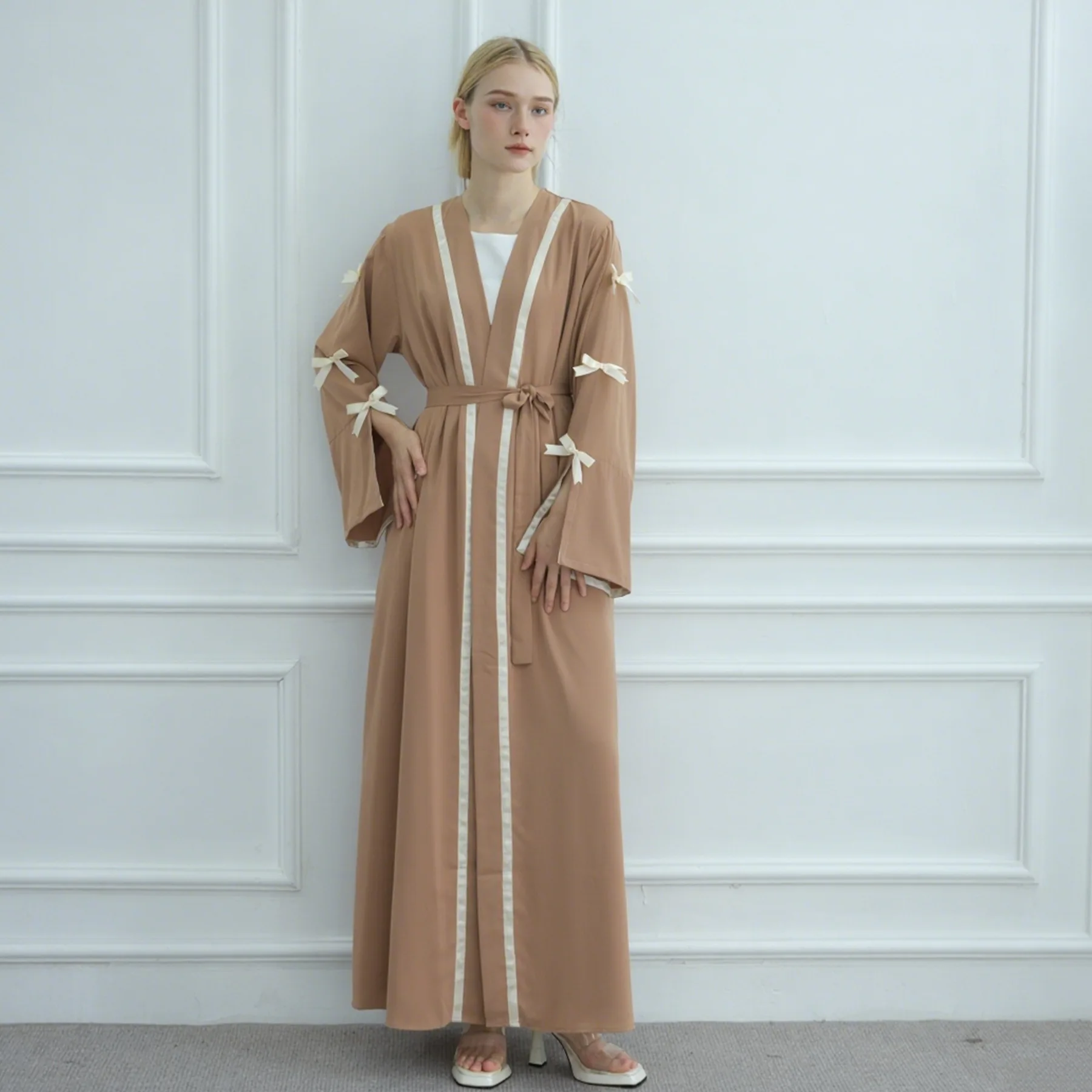 

2026 Dubai Muslim Women Open Kimono Bow Abaya Jalabiya Modest Dress Long Sleeve Robe Kaftan Cardigan Arab Turkey Islamic Vestido