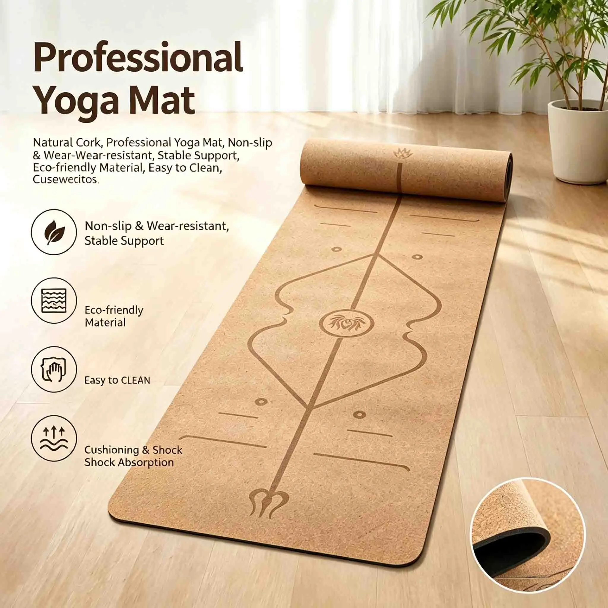 Natural Cork TPE Yoga Mat Non Slip Eco Friendly 183x61cm Cushion for Home Fitness Pilates Daily Workout Training Gym Exercise