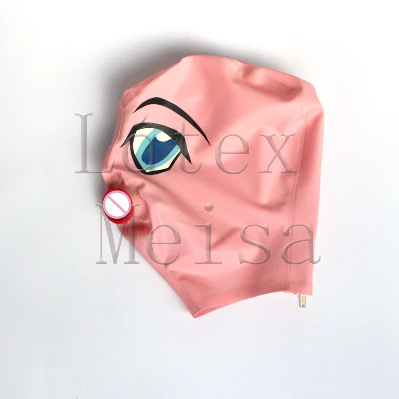 

Pink color cartoon latex hoods attached mouth con dom with back zip for women