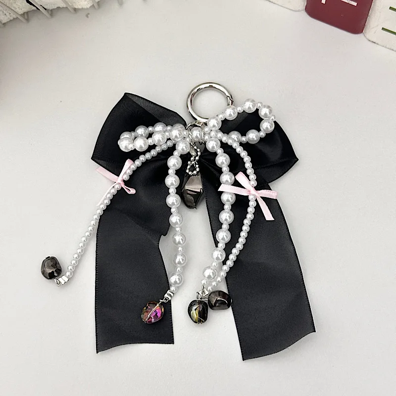 Catena per telefono con fiocco in garza morbida di perle di alta qualità Fascino per borsa per auricolari con fiocco in pizzo stile dolce e fresco nero e rosa