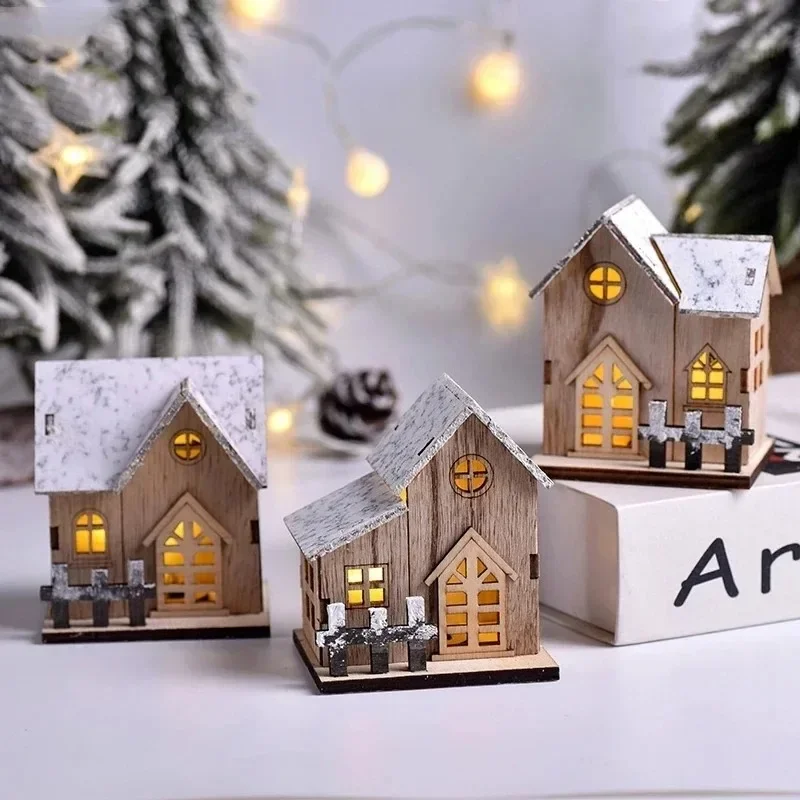 Casa de madera luminosa navideña, adornos navideños para el hogar, decoración de árbol de Navidad DIY, regalos para niños, luz LED navideña de Año Nuevo