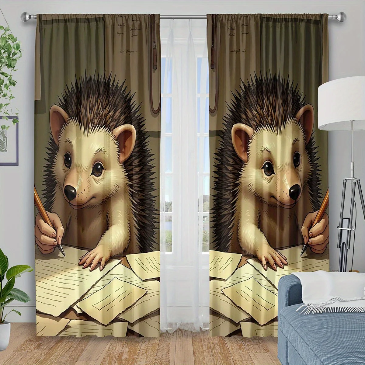 Cute Hedgehog Writing Curtains, Funny Animal Print Blackout Drapes Cartoon Home Decor for Kids Room Living Room Window Treatment