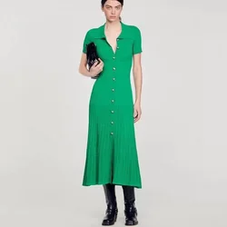 2024French Fashion Spring New Dopamine Green Long Knit Dresses Polo Short Sleeve Flared Long High Quality Women's Long Dress Y2k