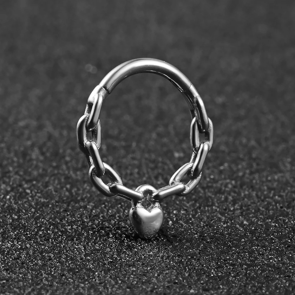 Vankula 316L Stainless Steel Heart Hinged Nose Clicker Chain Tragus 16G Hoop Rings Septum Body Piercing Women Jewelry