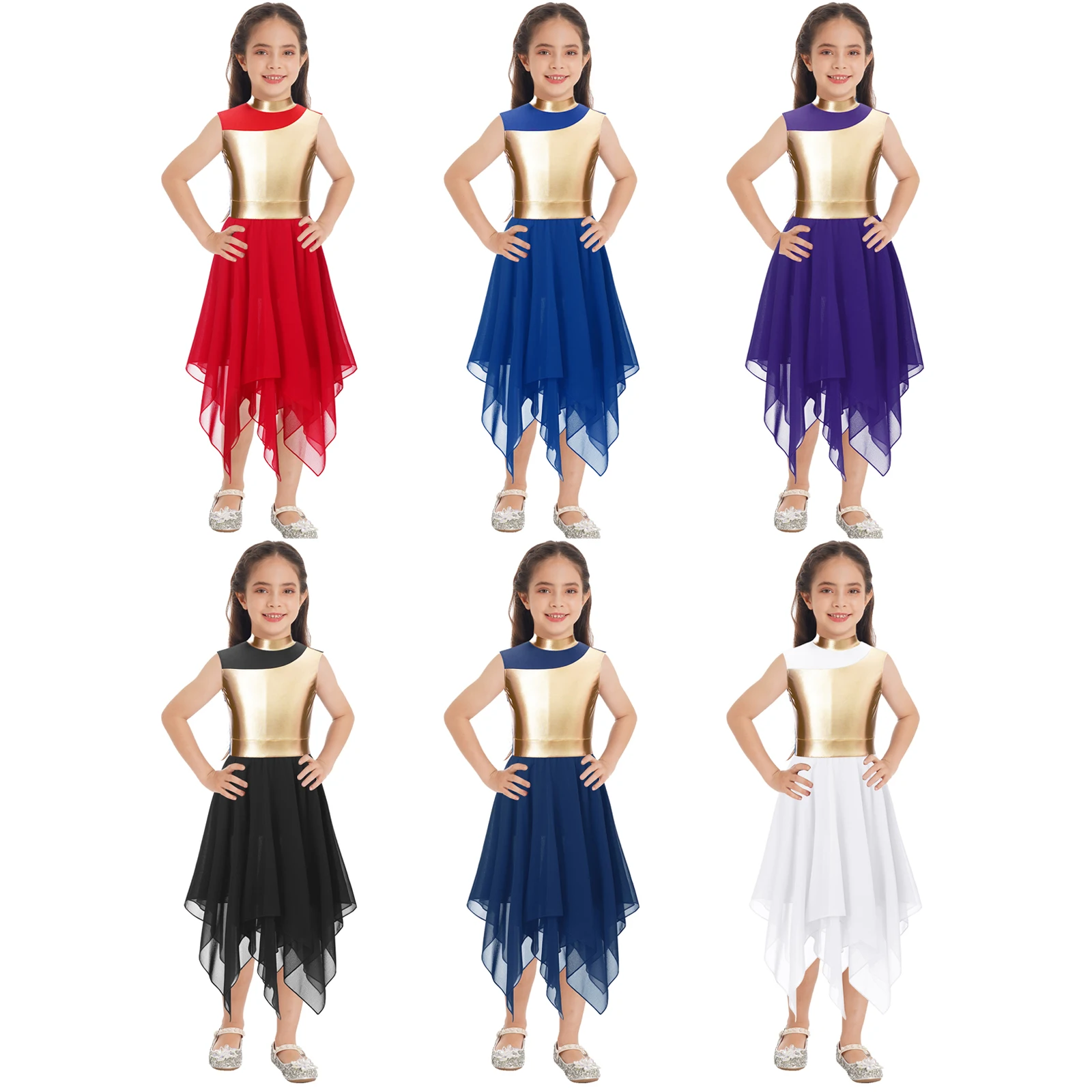 Kids Girls Modern Lyrical Ballroom Ballet Dance Church Choir Dress Shiny Bronzing Cloth Zipper Closure Back Praise Dance Dress