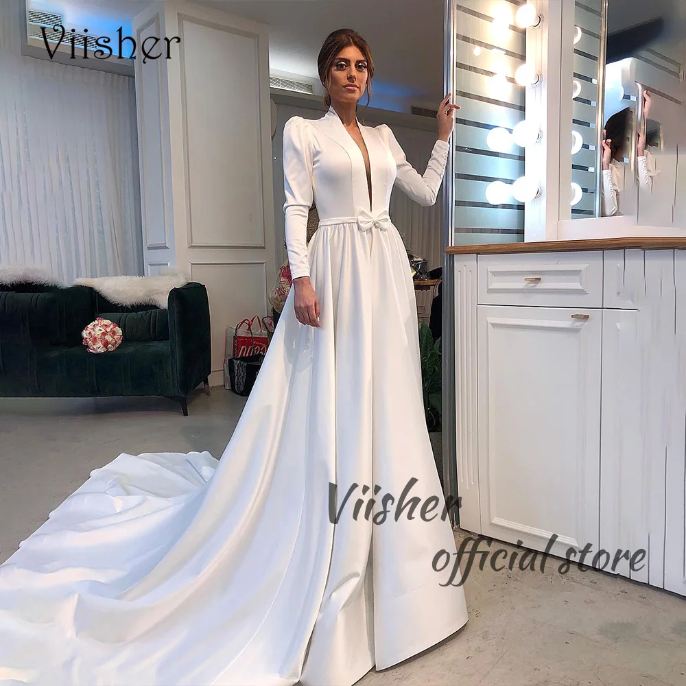 Viisher-vestido de noiva branco elegante, manga comprida, pescoço v, dubai, vestido de noiva muçulmano, com cinto de arco, cetim, personalizado