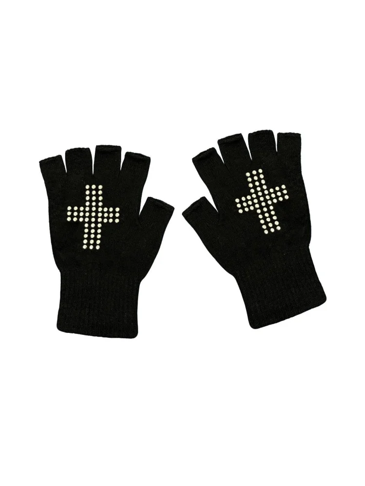 Womens Y2K Trendy Gloves Cross Bead Print Five Finger Design Fashion Accessories For Street Style Party Outfits