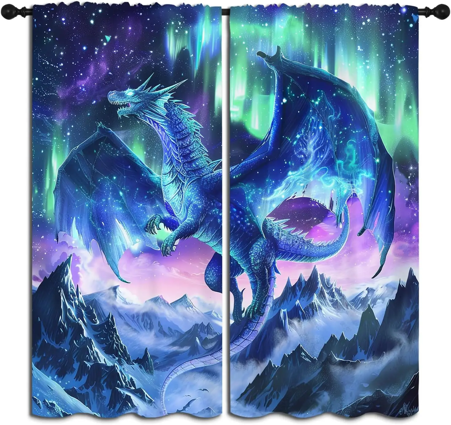 Dragon Boy Girls Blackout Curtains,Aurora Borealis Dreamy Galaxy Fantasy Animal, 2 Panel Rod Pocket Thermal Insulated Drapes for