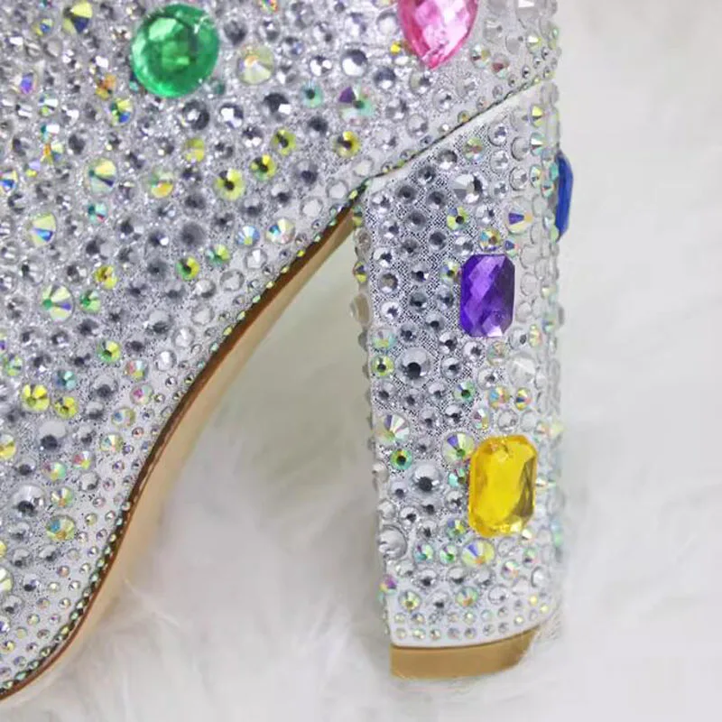 Luxury Colorful Diamond Full Crystal High Boots Chunky High Heel Pointed Toe Tube Slip On Rhinestone Catwalk Stage Boots Woman
