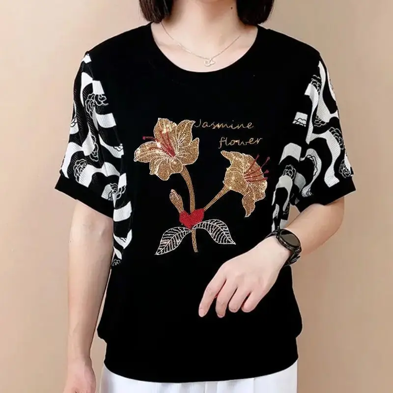 Fashion O-Neck Striped Spliced Diamonds T-Shirts Women's Clothing Summer New Loose Commuter Tops Batwing Sleeve Tee Shirt