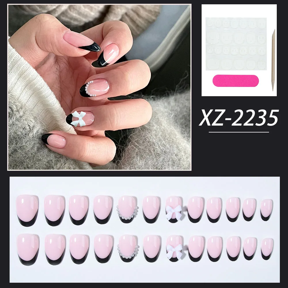 24個入り ショートオーバル ブラックフレンチチップ つけ爪 ショートボウ パールデザイン 完璧にフィットするアクリル製つけ爪セット、内容物あり