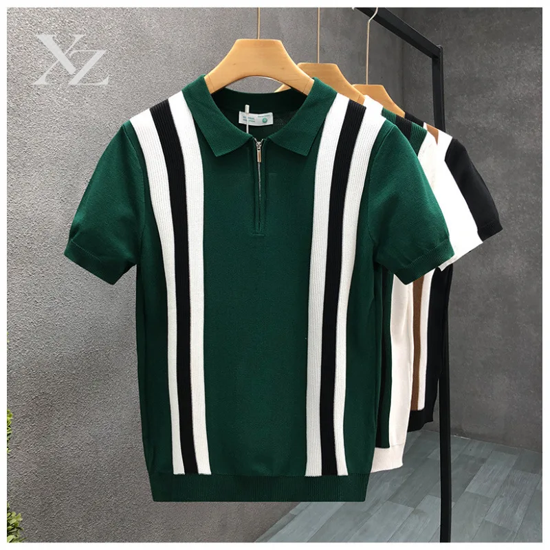 Opening Sale |Men's Striped Knit Polo Shirt Short Sleeve Half Zip Casual T-shirt Slim Fit Business Casual Top for Summer