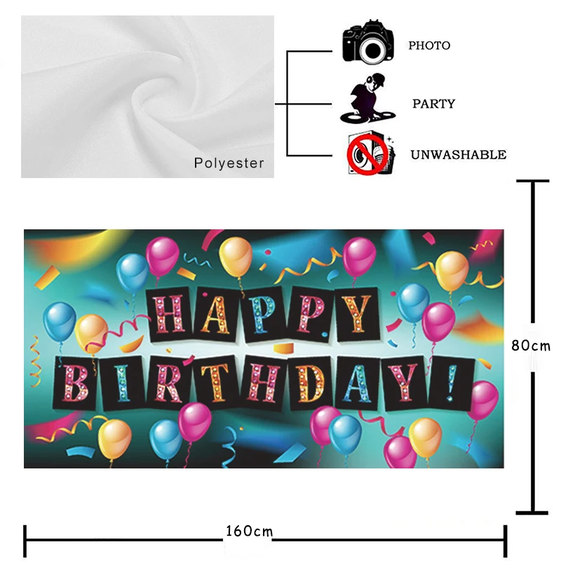 Happy Birthday Banner, balão preto, Backdrop Decorações Suprimentos, Indoor Wall Poster, sinal, grande, colorido