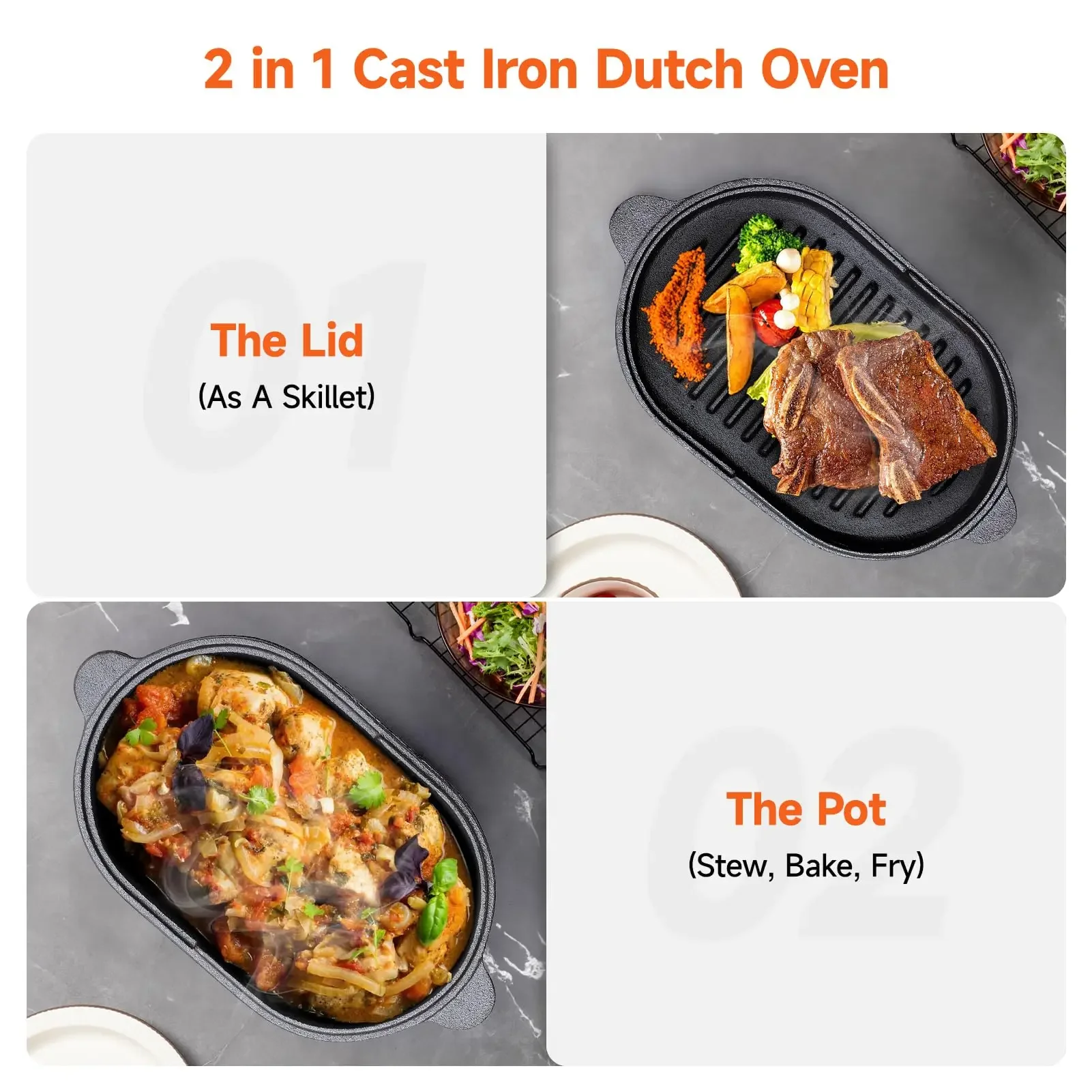 Cast Iron Dutch Oven 23cm 2 in 1 Pre-Seasoned Cast Iron Pot with Skillet Lid