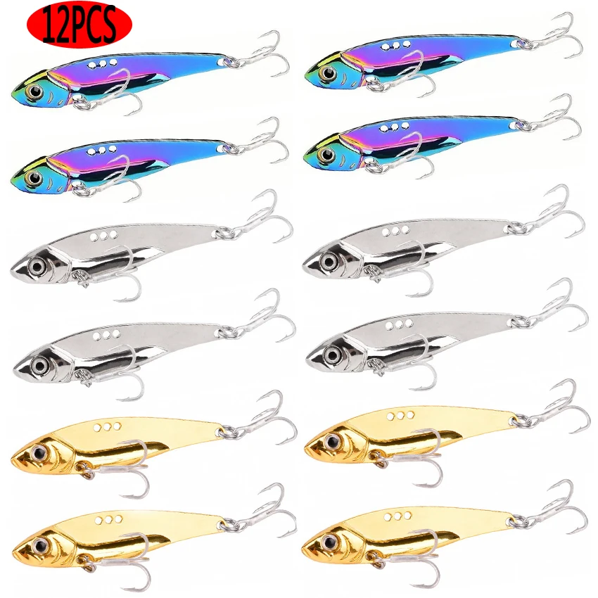 12 pezzi in metallo tutto strato d'acqua lancio lungo vibrazione colorata VIB paillettes richiamo di pesca esca artificiale per basso esca speciale per tremo