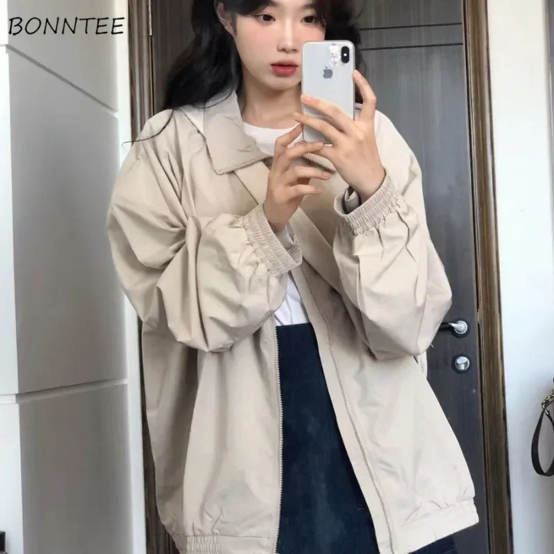 

Vintage Loose Chic Outdoor Jackets Women Fashion Leisure All-match Overcoats Students Causal Zipper Turn-down Collar coats New