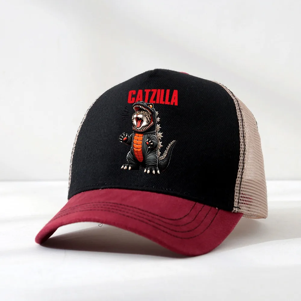 

Catzilla Cat Japanese Funny Baseball Cap for Men Women Vintage Cartoon Print hat Casual Outdoor mesh Breathable Trucker Hat