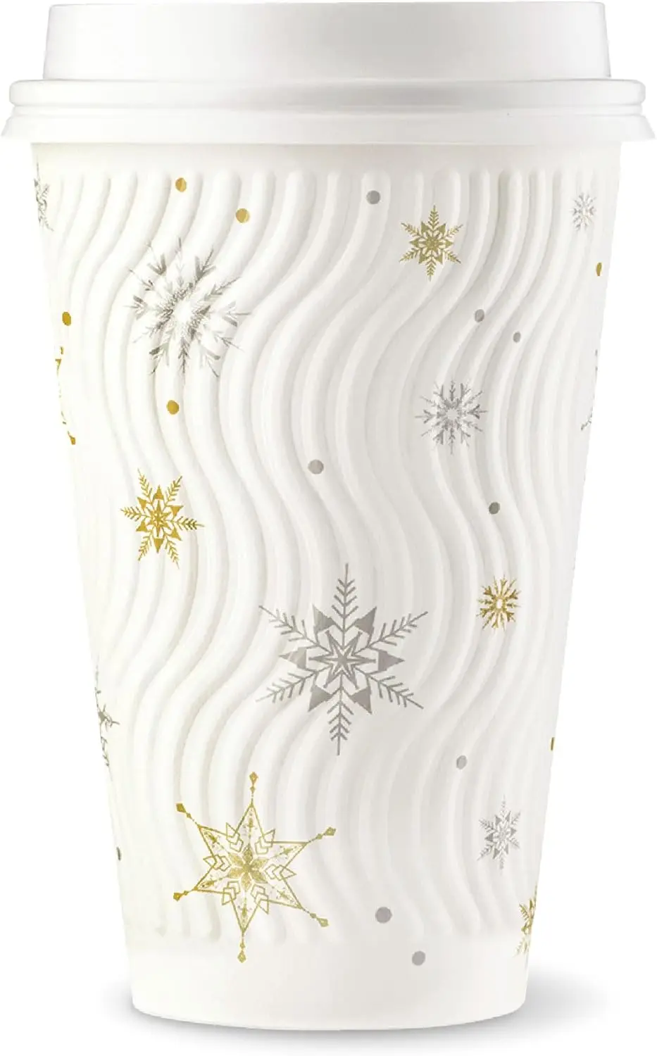 

[100 SET]Harvest Pack 16 oz Christmas Coffee Cups, White Snowflake Winter Disposable Paper Cups, Insulated Ripple Wall P