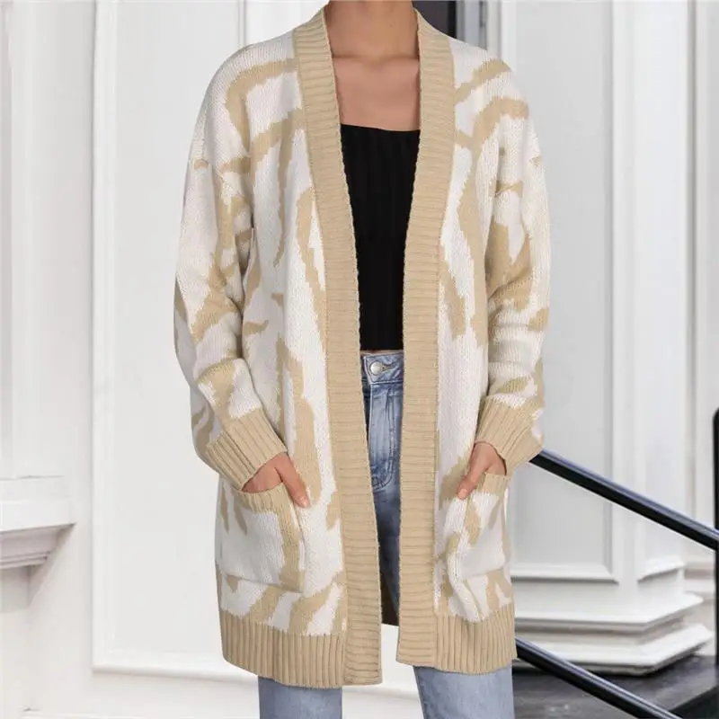 

Осень-зима женский вязаный свободный длинный свитер нерегулярный геометрический узор открытый кардиган удобный модный женский топ