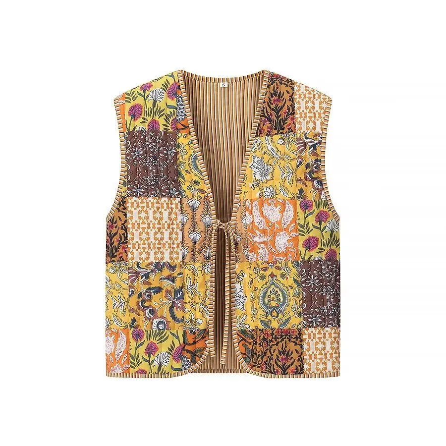 Women Elegant Vintage Quilted Waistcoat 2024 Fashion Ladies Sweet Lace Up Floral Print Vest for Female Chic Clothes