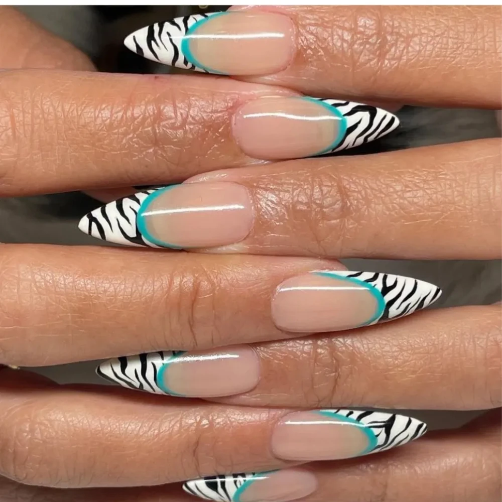 2024 novas unhas bonitos 10 pçs artesanal manicure médio amêndoa unhas falsas imprensa em unhas design com adesivo conjunto de lixa de unhas