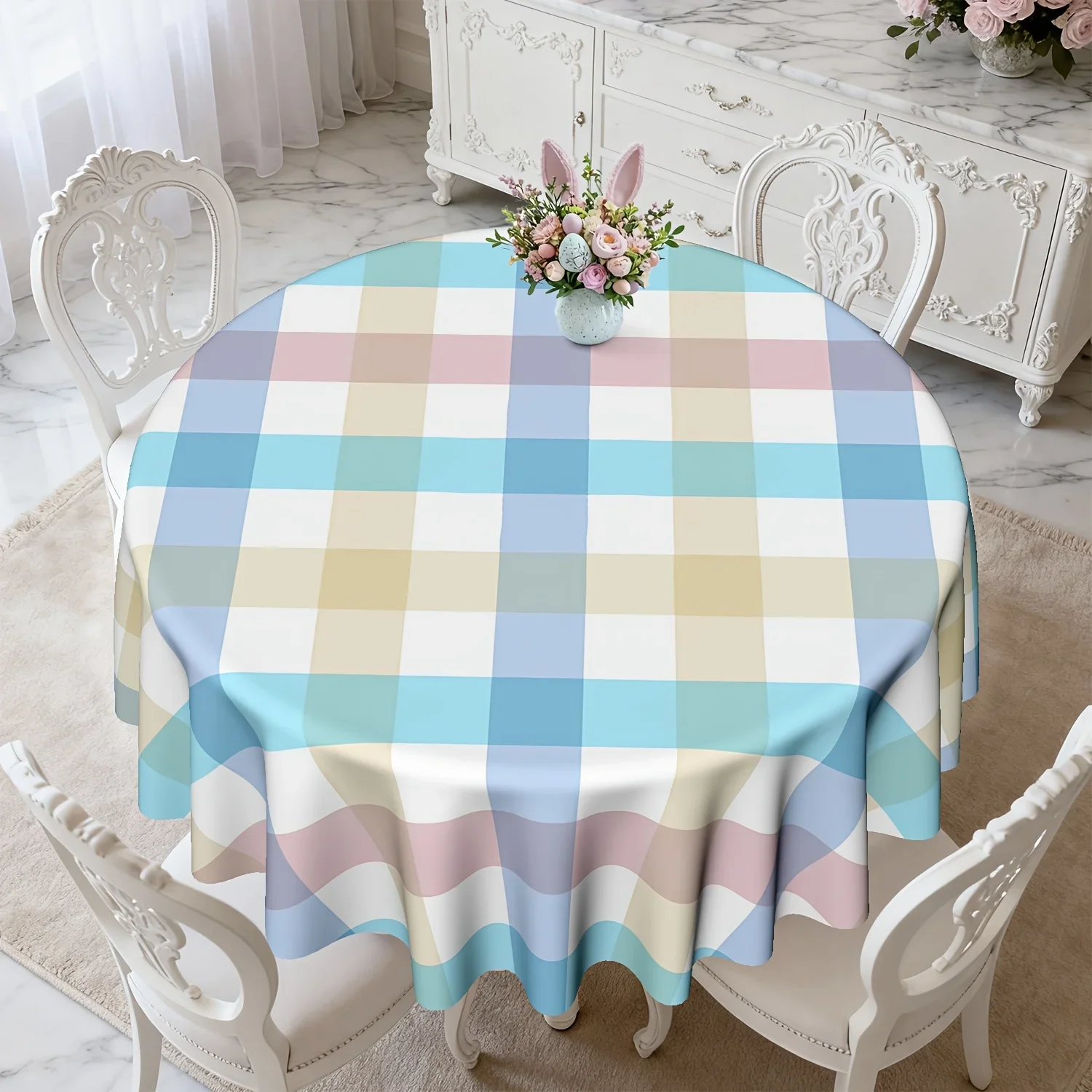 One piece, spring Easter tablecloth, multi-color checked pattern washable tablecloth