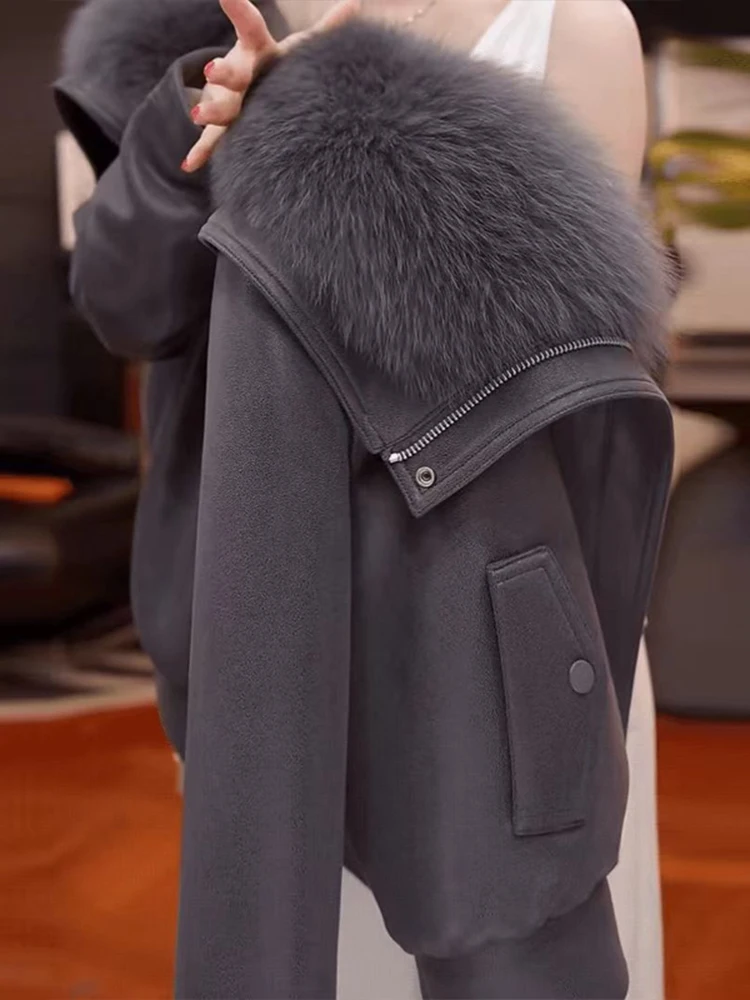 Women's Short Thickened Cotton Jacket Winter New Style Design Sense Large Fur Collar Splicing Workwear Cotton Coat Ladies