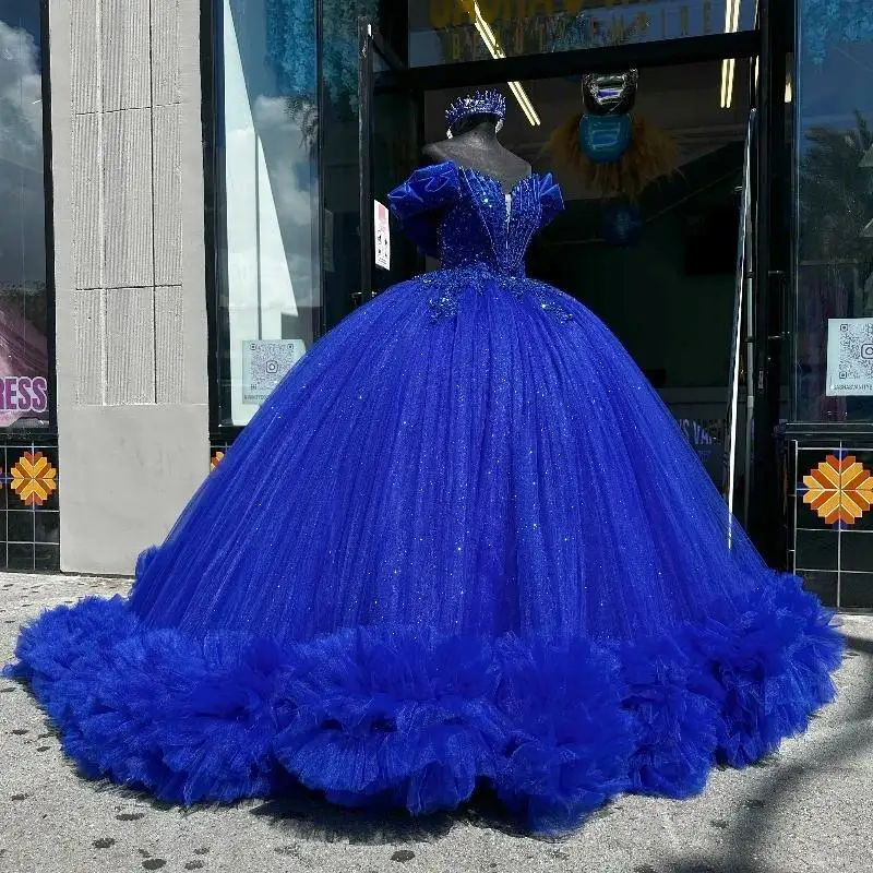 

Royal Blue Shiny Ball Gown Quinceanera Dresses 2024 Beads Crystal Tull Tiered Princess Mexico Sweet 16 Dress 15 Birthday Vestido