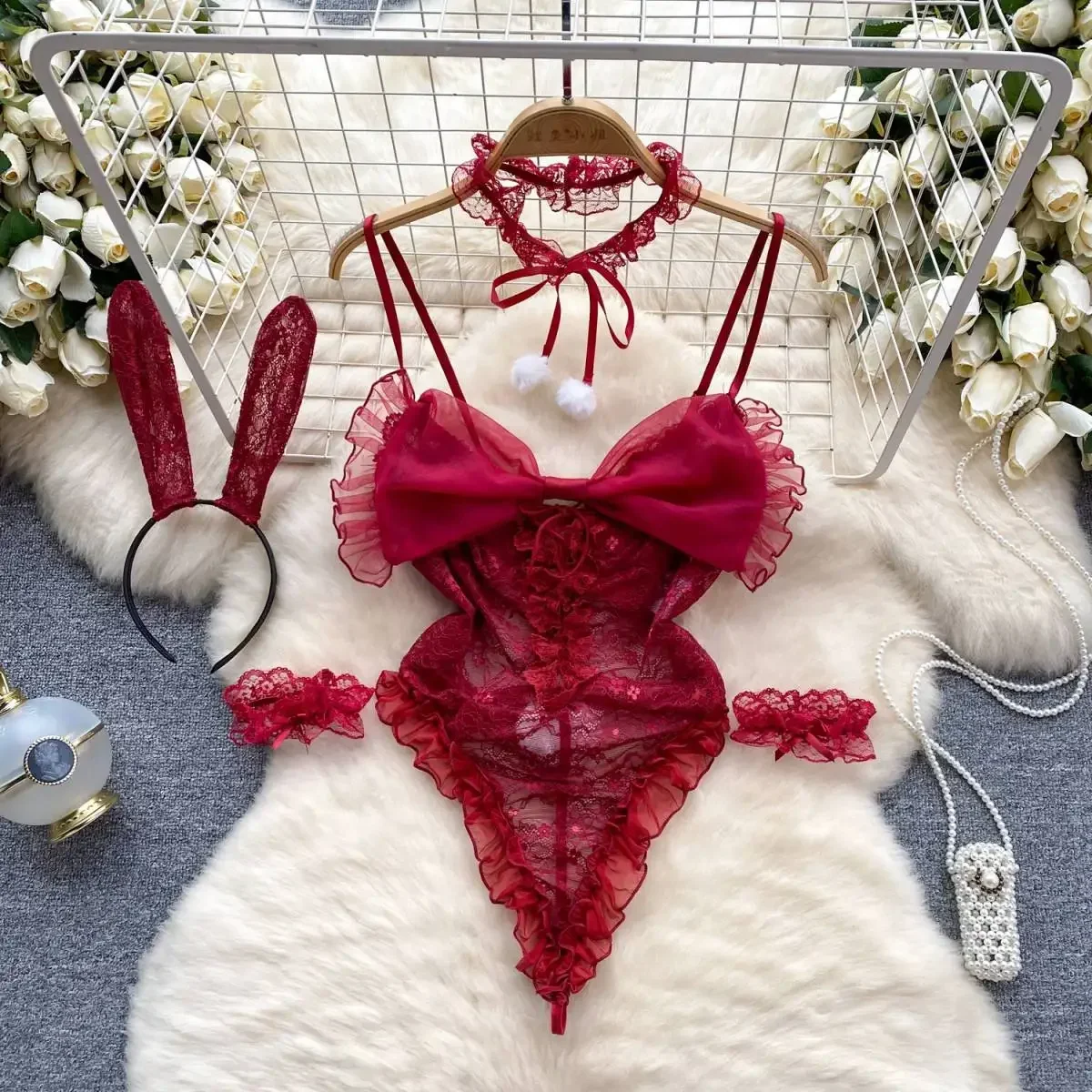 

Red See-through Hollow Lace Sexy Strap Jumpsuit Sweet Big Bow Ruffled Clothes Erotic Lingerie Bunny Cosplay Catsuit Bodysuit New