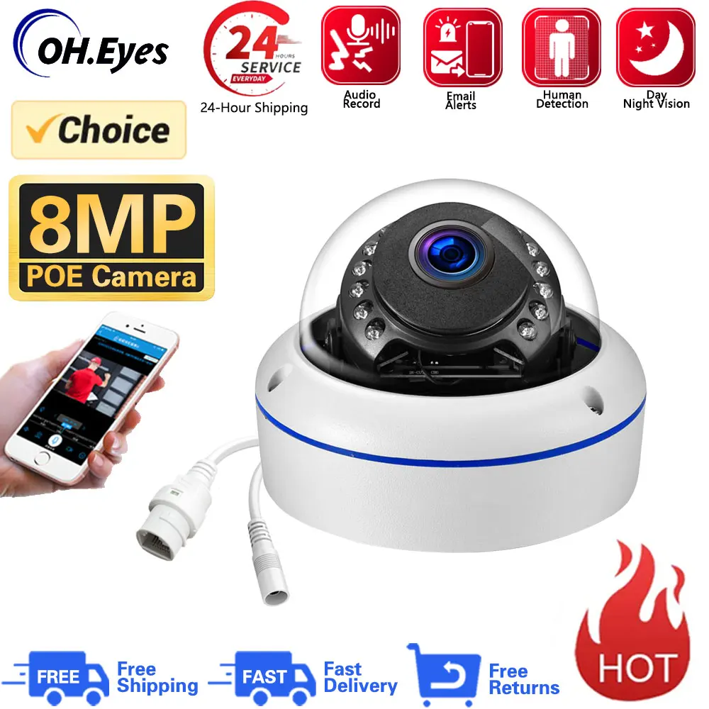 

Wired 8MP CCTV POE Dome Security Camera Built in Microphone Audio Outdoor IP66 Weatherproof Night VIsion Motion Detection HD Cam