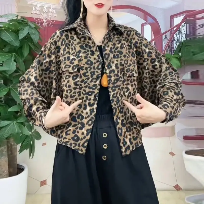 FAVRE Leopard Batwing Sleeve Bomber Jacket Women Loose Fashion Short Button Coats Female Autumn Vintage Casual Outwear Tops