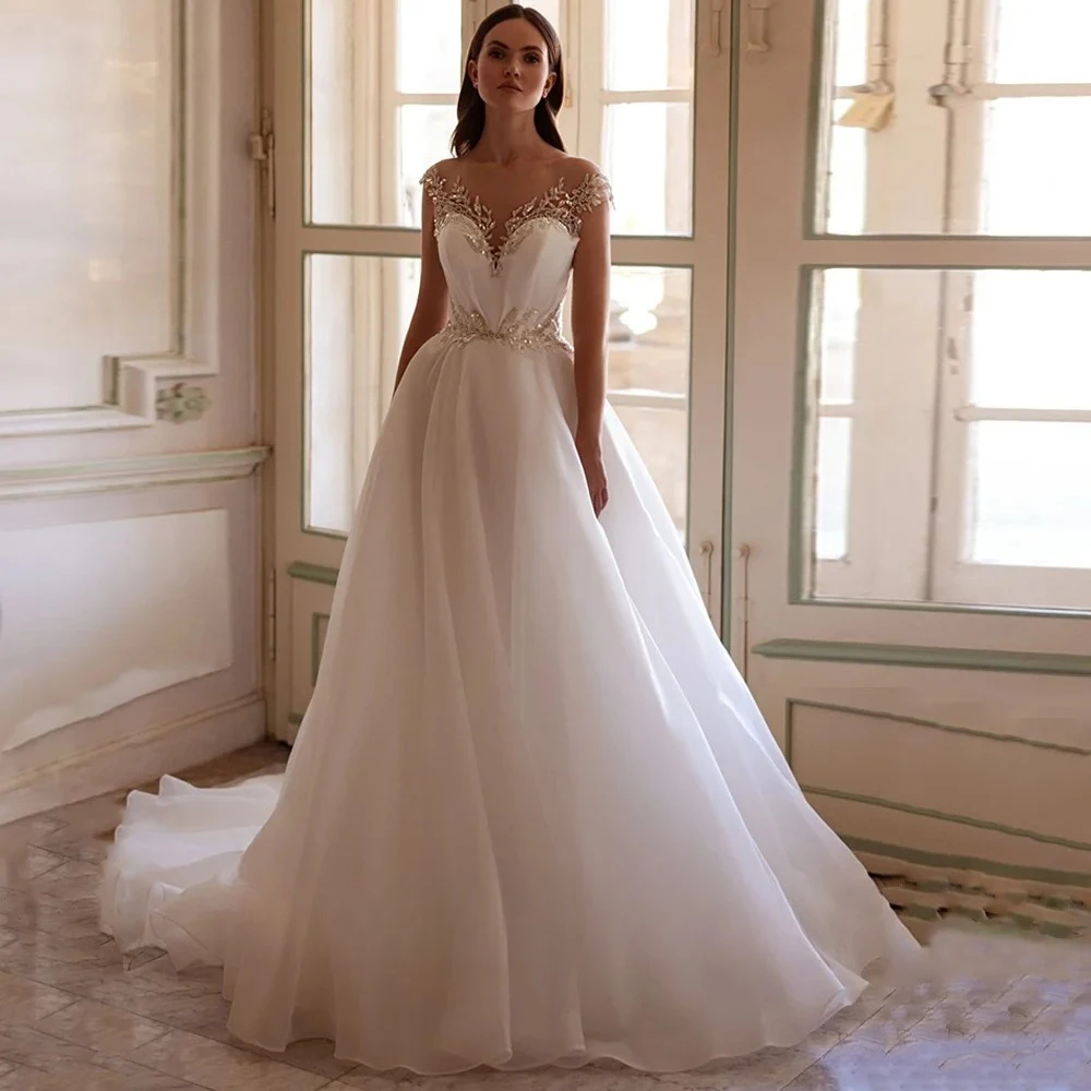 Luxury Organza A-line Wedding Dresses for Woman Customized Cap Sleeves Scoop Neck Beading Sequined Sweep Train Bridal Gowns