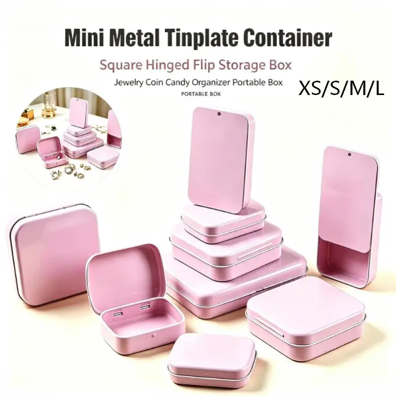 Mini Metal Tinplate Container Square Hinged Flip Storage Box Small Kit Case Jewelry Coin Candy Organizer Portable Box