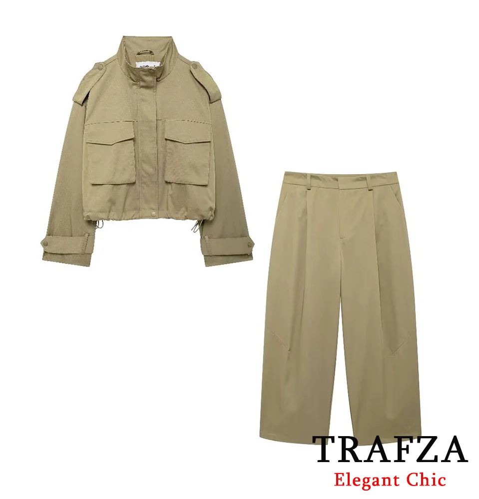 TRAFZA-Women Fashion Jacket Trousers Suit Pocket Zipper Jacket + Pant 2 Pieces Set New 2024 Autumn Street Outing Pant Set