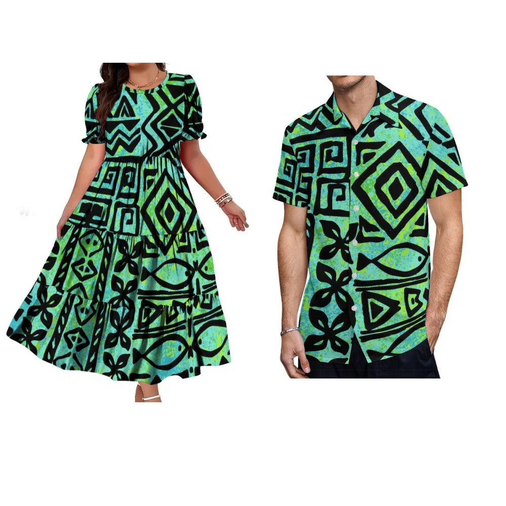 Designed Round-Neck Short-Sleeved Women'S Dress With A Sense Of Layering Cake Dress Polynesian Custom Fashion Couple'S Shirt