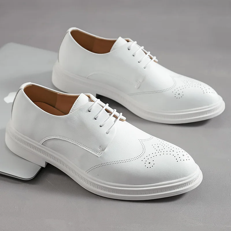 Leather Mens Oxford Shoes Mens Formal Breathable Shoes Office Mens Brogue Shoes Lace Up Thick Bottom White Business Dress Shoes