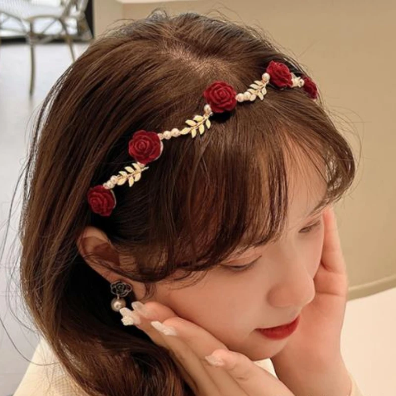 

Ladies Luxurious Elegant Rose Vine Headband Hair Accessories Headdress Girls Vintage Metal Flower Red White Rose Tiara Hairbands