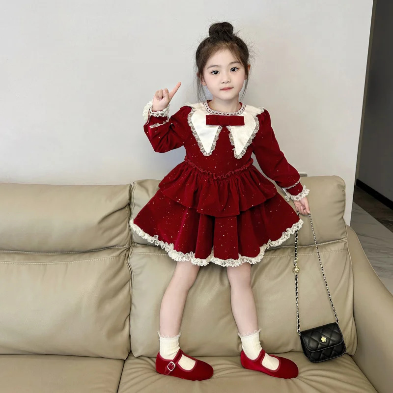 

2024Winter New Girls Red and Black Shiny Velvet Thickened Fleece-lined Christmas New Year Princess Dress